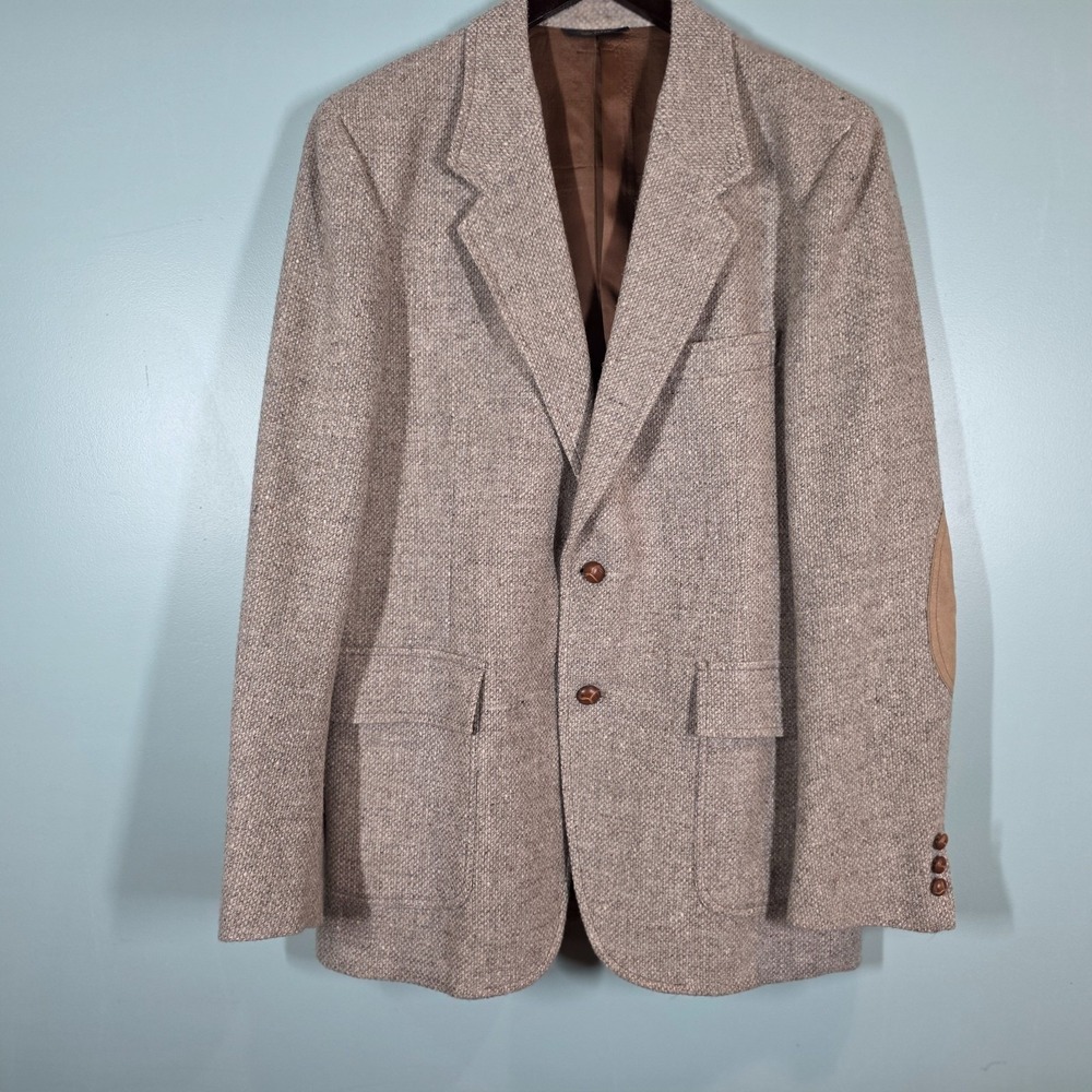 Vintage Pendleton Tweed Blazer Elbow Patches Tan/Brown Wool‎ Sport Coat 42 Long